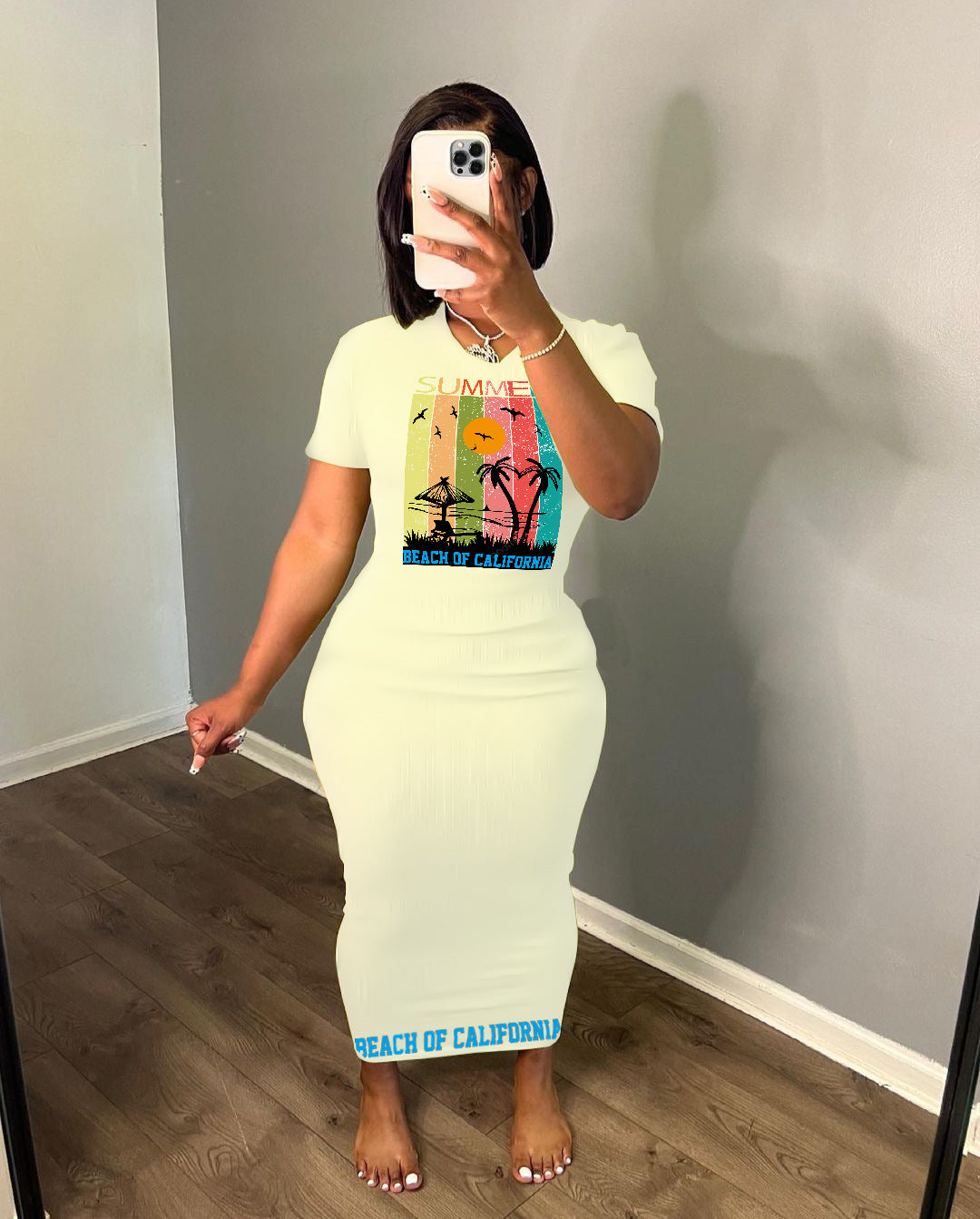 BamBam Plus Size Women Spring Letter Print Bodycon Dress - BamBam