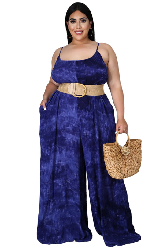 Summer Plus Size Casual Tie Dye Strap Loose Jumpsuit