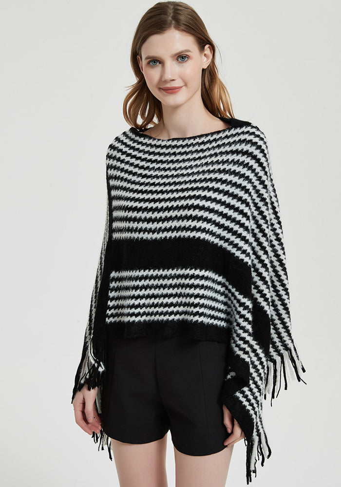 Women winter bat sleeve black striped knitting shawl sweater