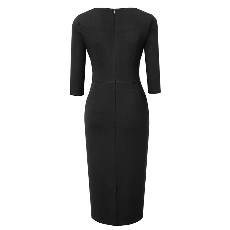 BamBam Career Ladies Square Neck 3/4 Sleeve Patchwork Ruched Tight Fitting Midi Dress - BamBam