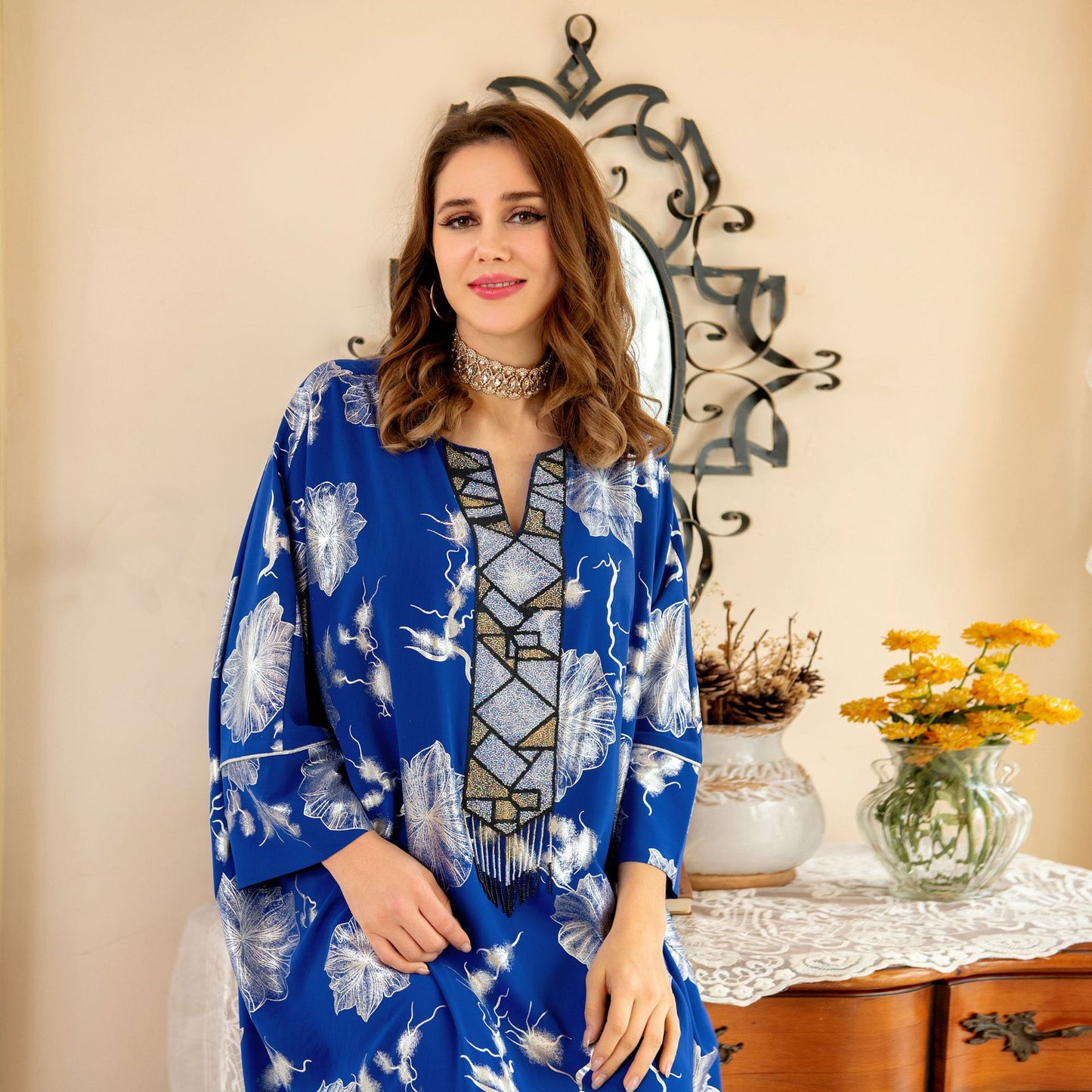 BamBam Summer Blue Bronzing Flower Beaded Logn Sleeve Ethnic Robe - BamBam