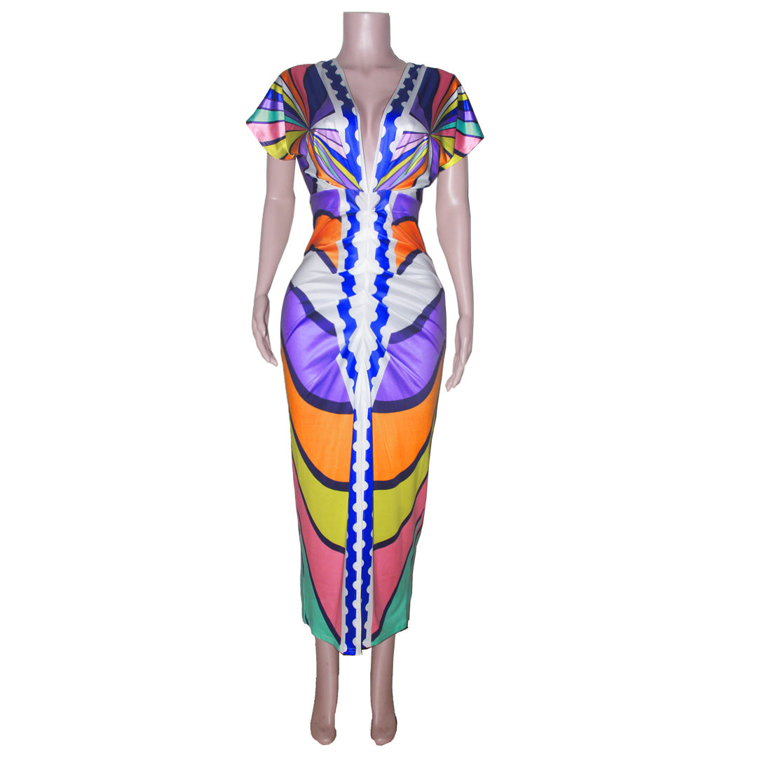 BamBam Printed women's v-neck Tight Fitting skirt dress ethnic style slit positioning pleated dress - BamBam
