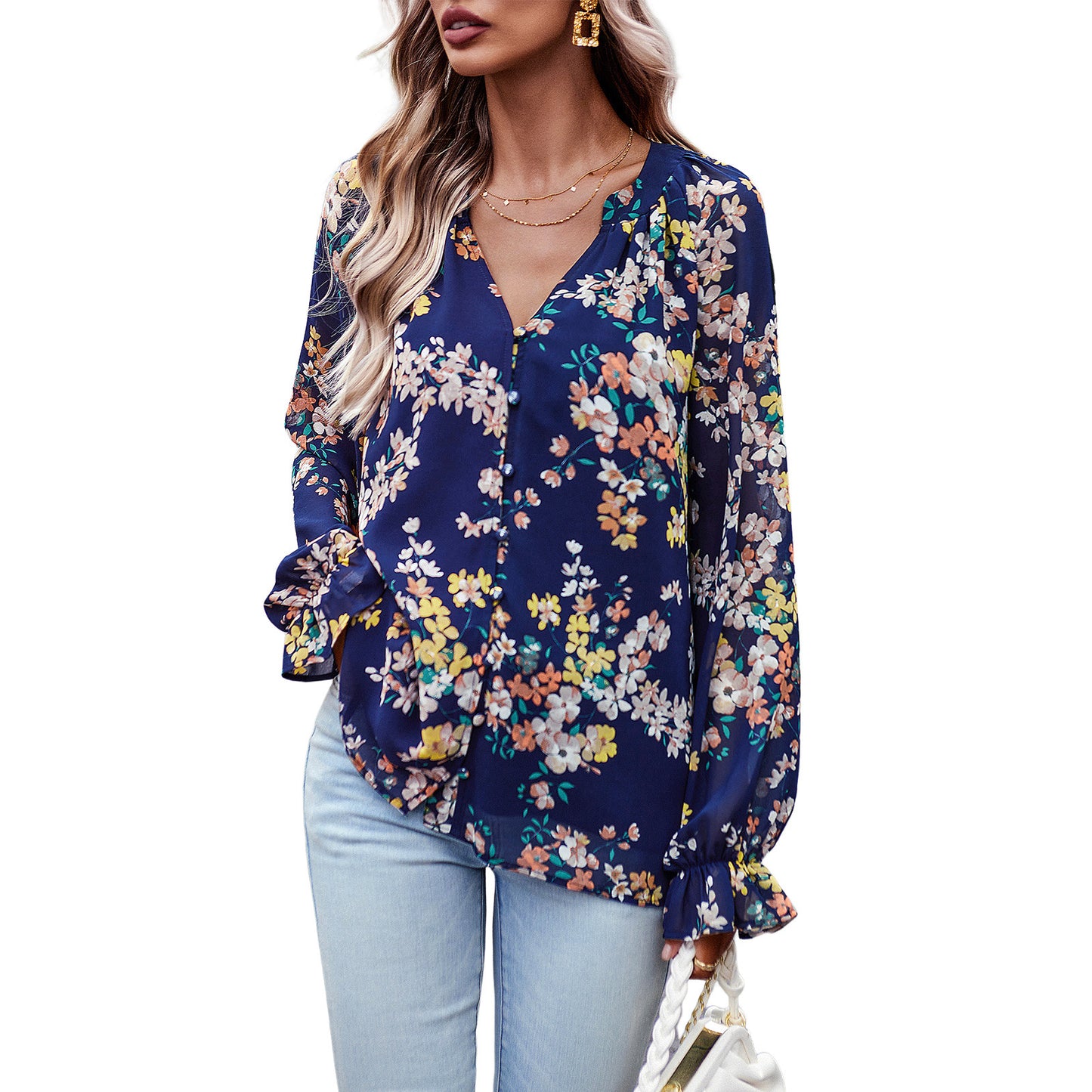 BamBam Women's Autumn Chic Elegant Floral Long Sleeve Shirt - BamBam