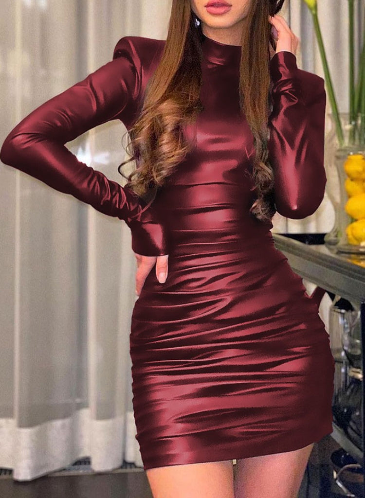 Winter Sexy Red High Neck Long Sleeve Pu Leather Bodycon Dress