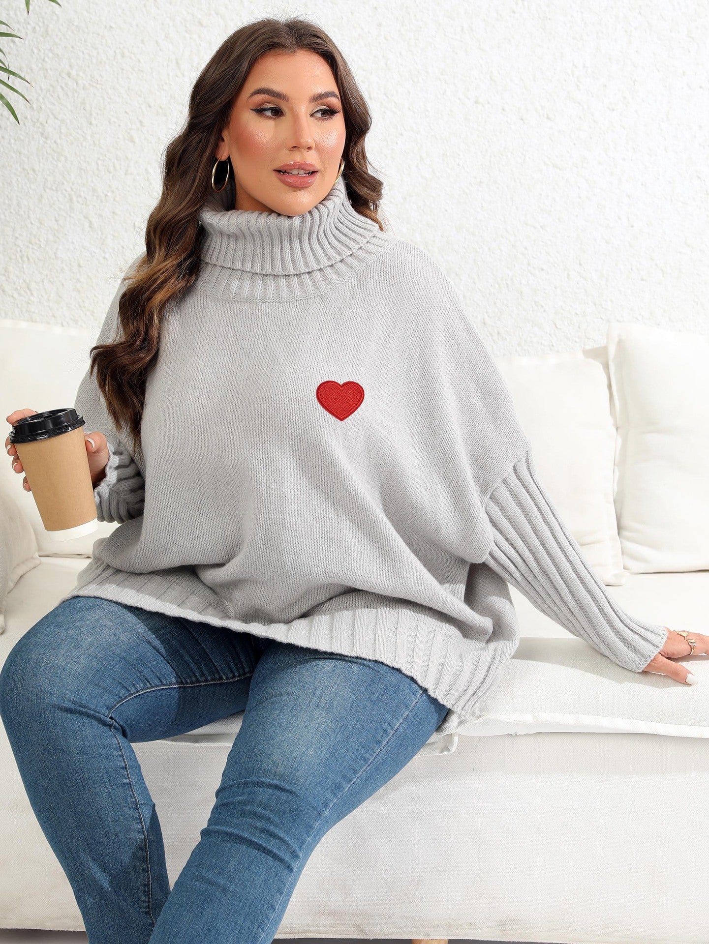 BamBam Heart Print Sticker Plus Size Women's Solid Turtleneck Woven Sweater Oversized Pullover Women's Top - BamBam