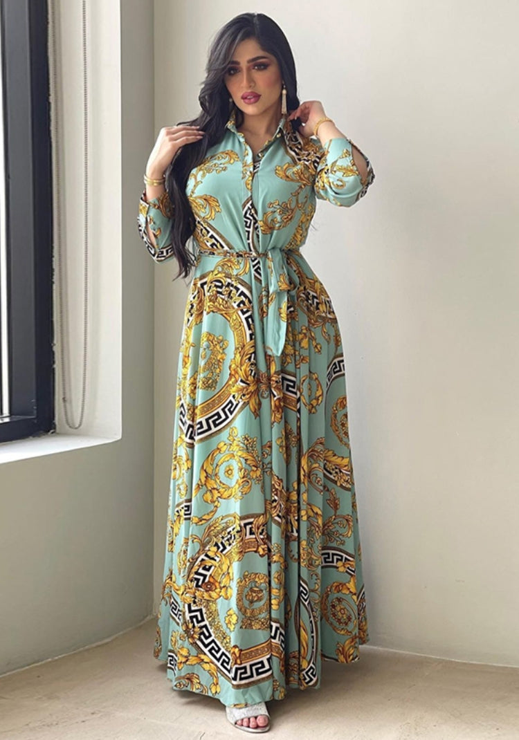 BamBam Women Spring Green Arab Dubai Middle East Turkey Morocco Printed Belted Islamic Clothing Kaftan Abaya Muslim Dress - BamBam