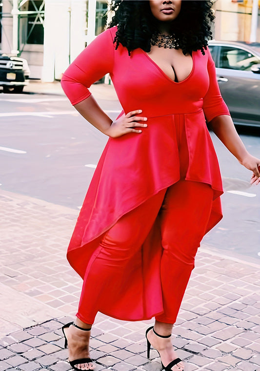 Plus Size Women V Neck Sexy Solid Jumpsuit