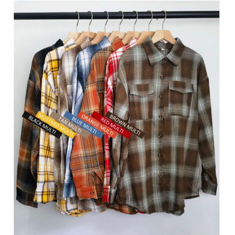 BamBam Women Casual oversize loose plaid shirt - BamBam