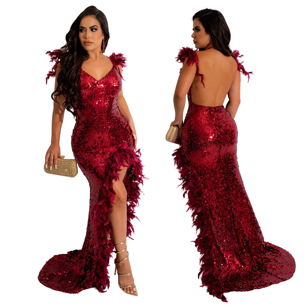 BamBam Sexy Feather Straps High Slit Sequin Low Back V-Neck Party Nightclub Style Dress - BamBam Clothing Clothing