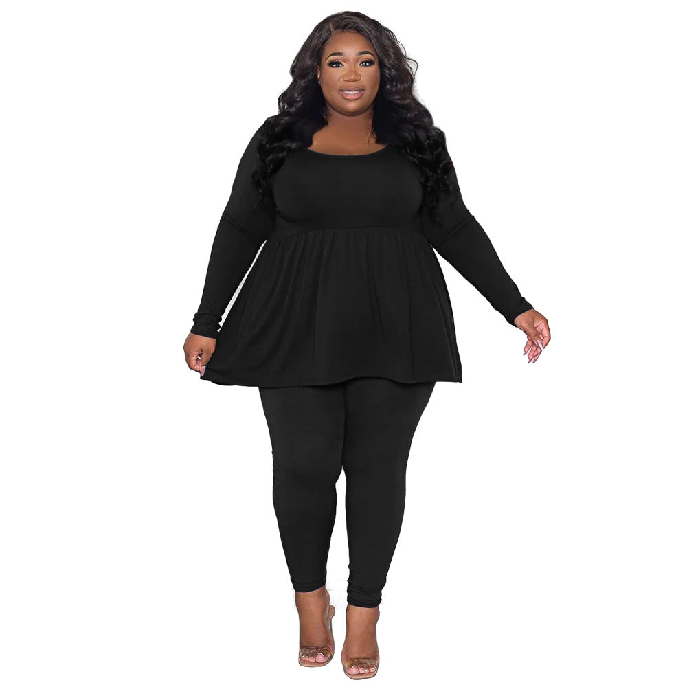 BamBam Women's Plus Size Solid Color Long Sleeve Two Piece Pants Set For Women - BamBam