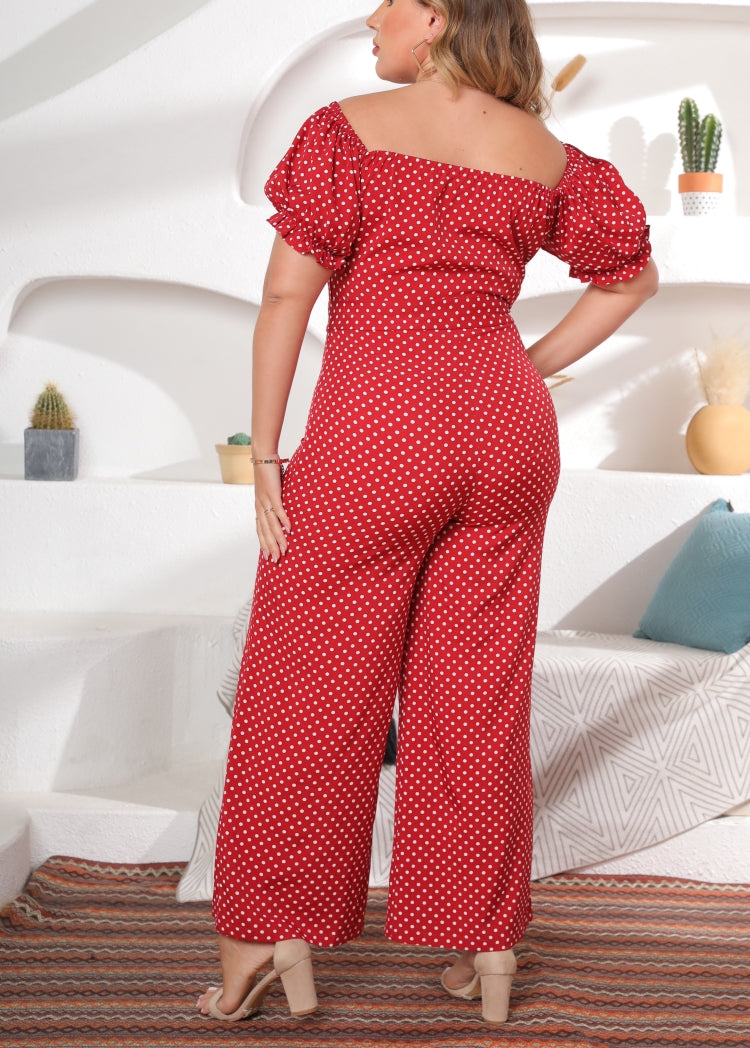 BamBam Women Summer Red Modest Off-the-shoulder Short Sleeves Dot Print Belted Full Length Loose Plus Size Jumpsuit - BamBam Clothing
