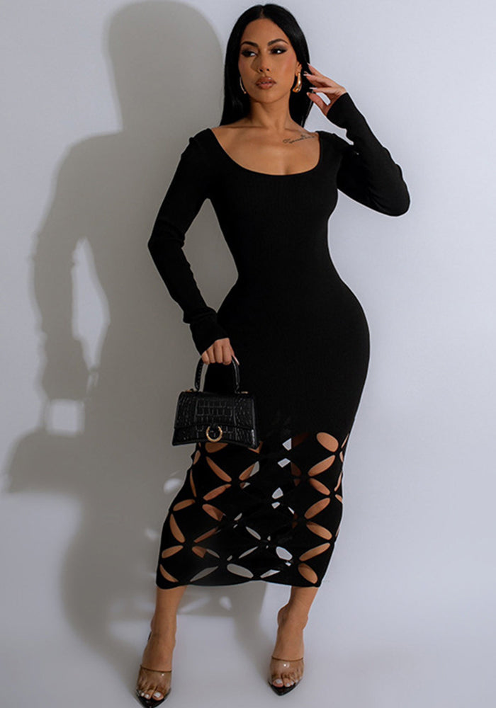 Autumn Solid Color Round Neck Long Sleeve Sexy Hollow High Waist Bodycon Dress