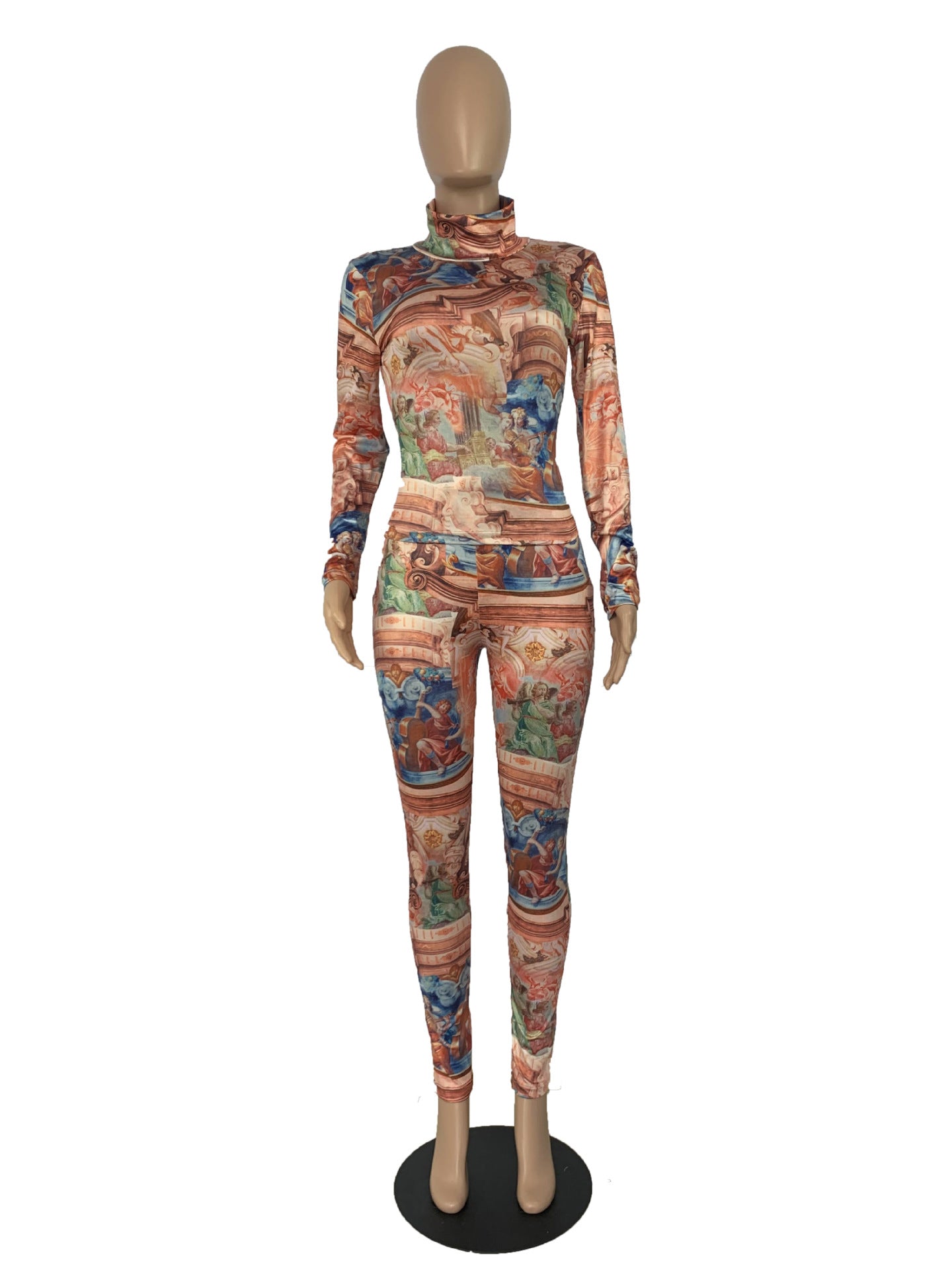 BamBam Women Printed Long Sleeve Irregular Oil Painting Printed Top and Pant Two-piece Set - BamBam