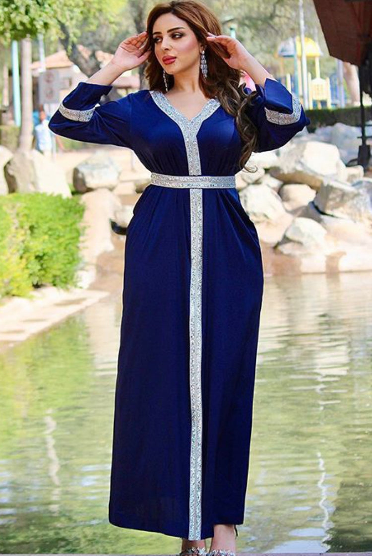 Arab Dubai Arab Middle East Turkey Morocco Islamic Clothing Kaftan Abaya Embroided Muslim Dress Blue