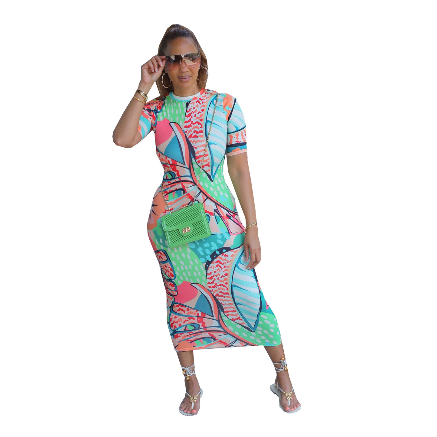 BamBam Summer Ladies Fitted Round Neck Painted Print Dress - BamBam