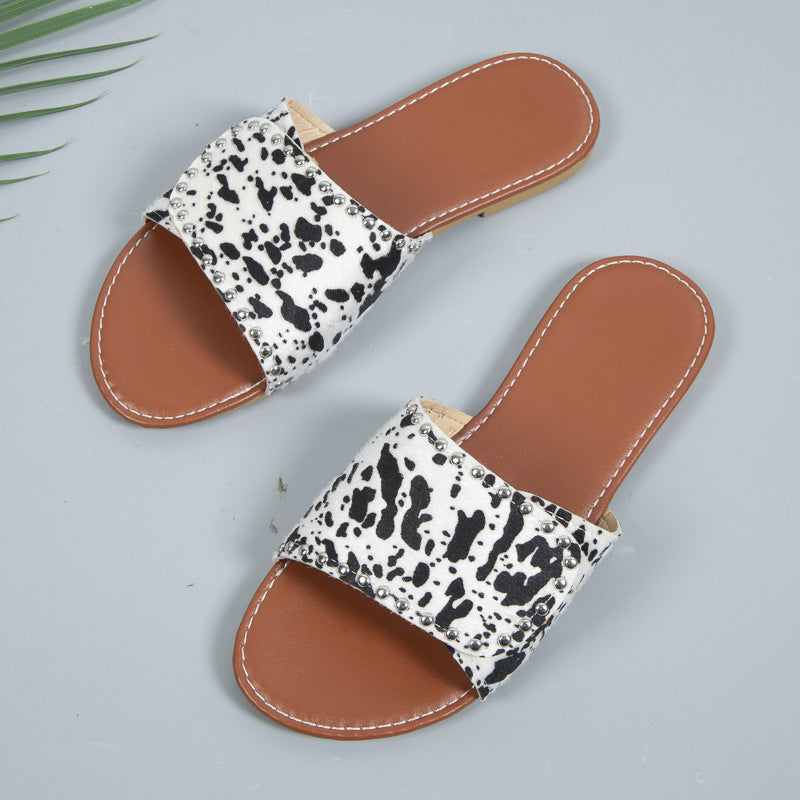 BamBam Plus Size Slippers Women's Leopard Print Round Toe Velcro Flat Simple Casual Flat Sandals For Women - BamBam