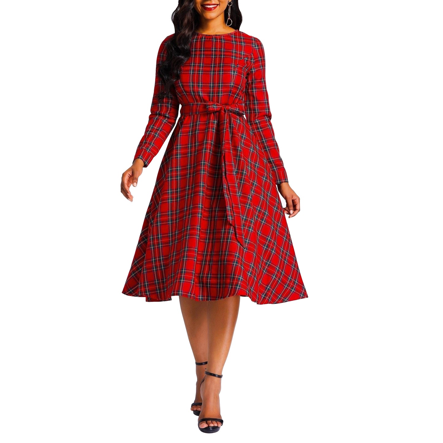 BamBam Elegant Women's Red Plaid Print Plus Size Dress Fashion Belt Midi Dress For Women - BamBam