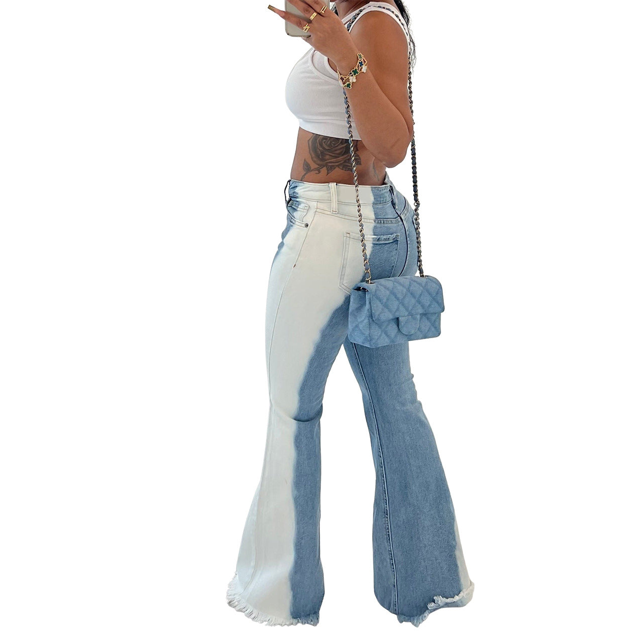 BamBam Women Autumn/Winter Stretch Gradient Colorblock Flare Denim Pants - BamBam