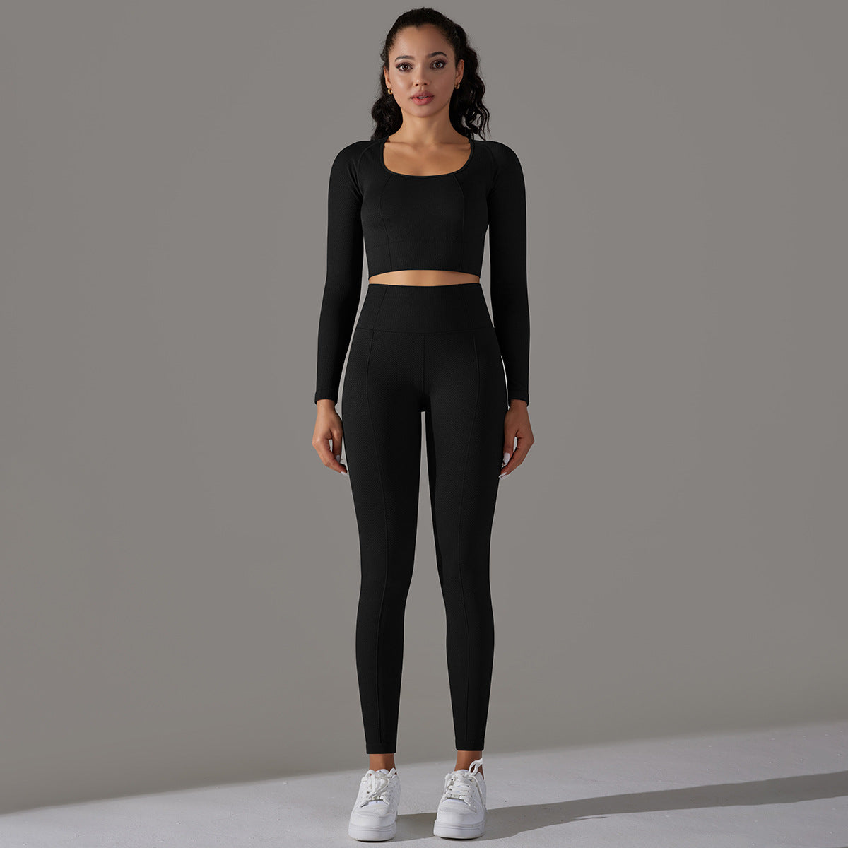 BamBam Seamless Knitting Solid Color Jacquard Low-Cut Tight Fitting Long-Sleeved Yoga Suit Sports Fitness Two-Piece Set - BamBam