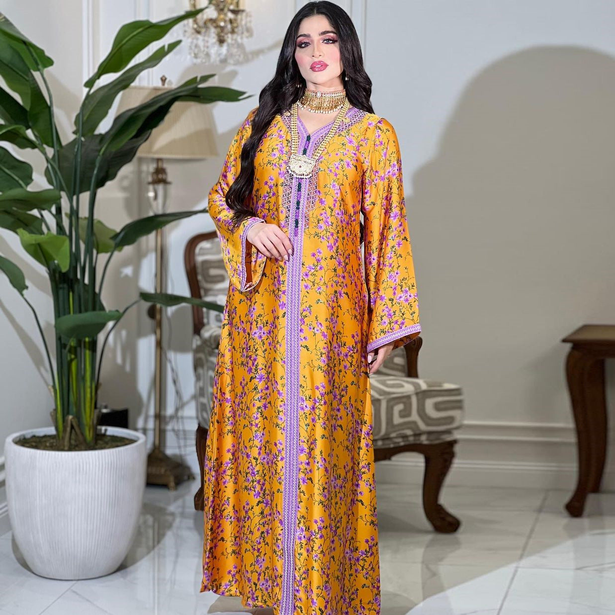 BamBam Abaya Muslim Fashion Print Beaded Dress Dubai Jalabiya For Women - BamBam