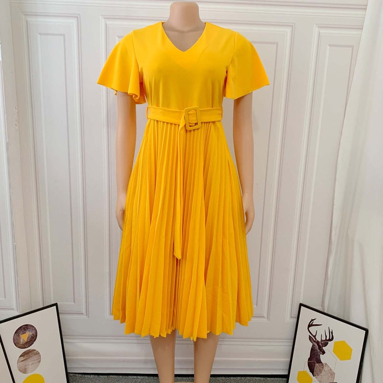 BamBam Autumn Formal Yellow V-Neck Pleated Office Dress with Belt - BamBam