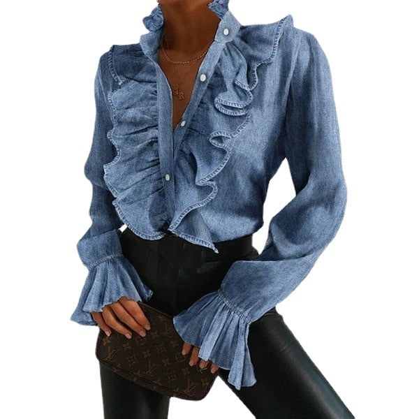 BamBam Women's Summer Ruffled Bell Bottom Pleated Sleeve Long Sleeve Shirt - BamBam