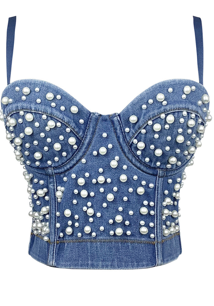 Women Camisole Pearl Fitted Sexy Denim Bra Vest Shaping Corset Top