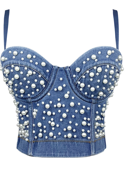 Women Camisole Pearl Fitted Sexy Denim Bra Vest Shaping Corset Top