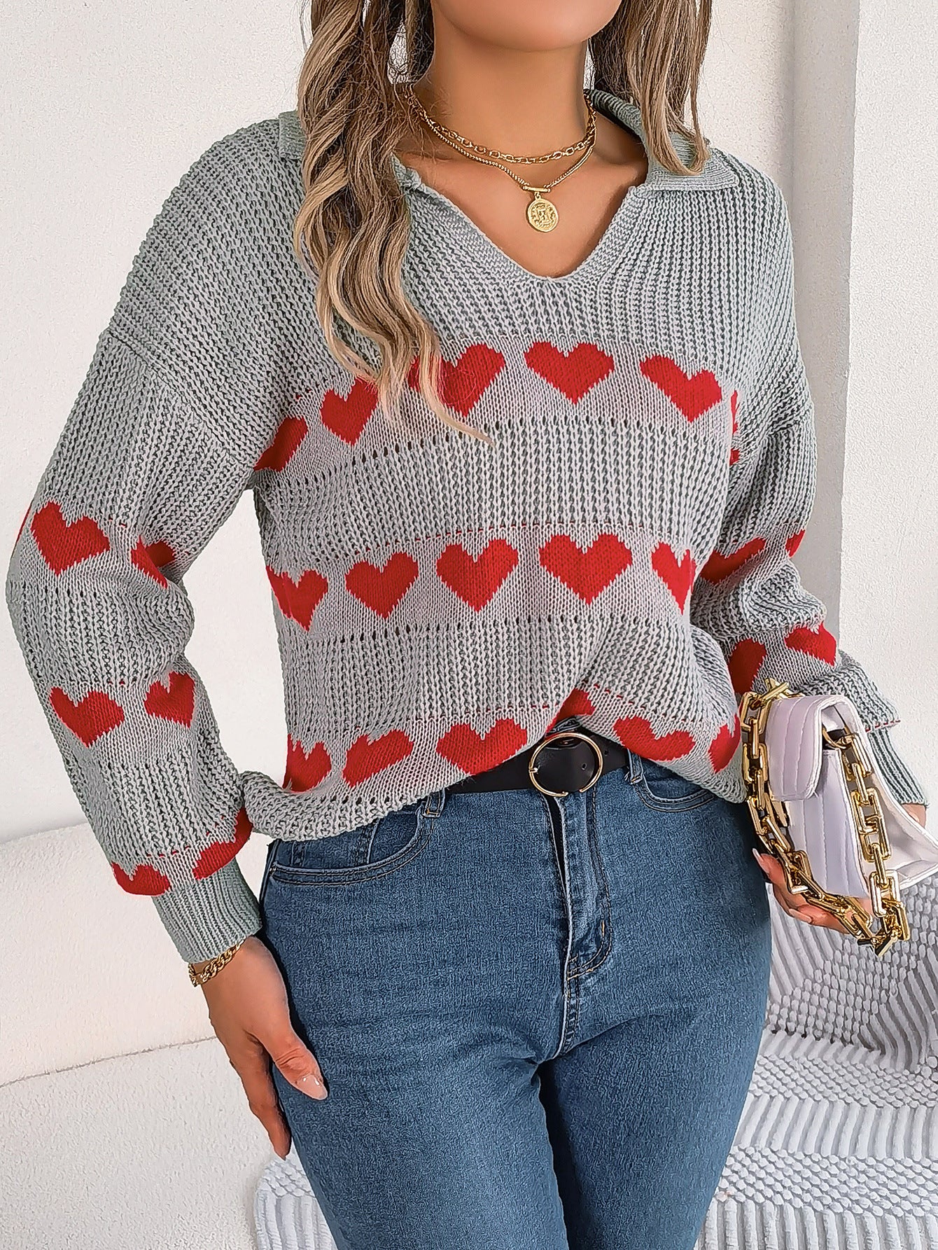 BamBam Women Fall/Winter Casual V-neck Balloon Sleeve Heart Print Sweater - BamBam