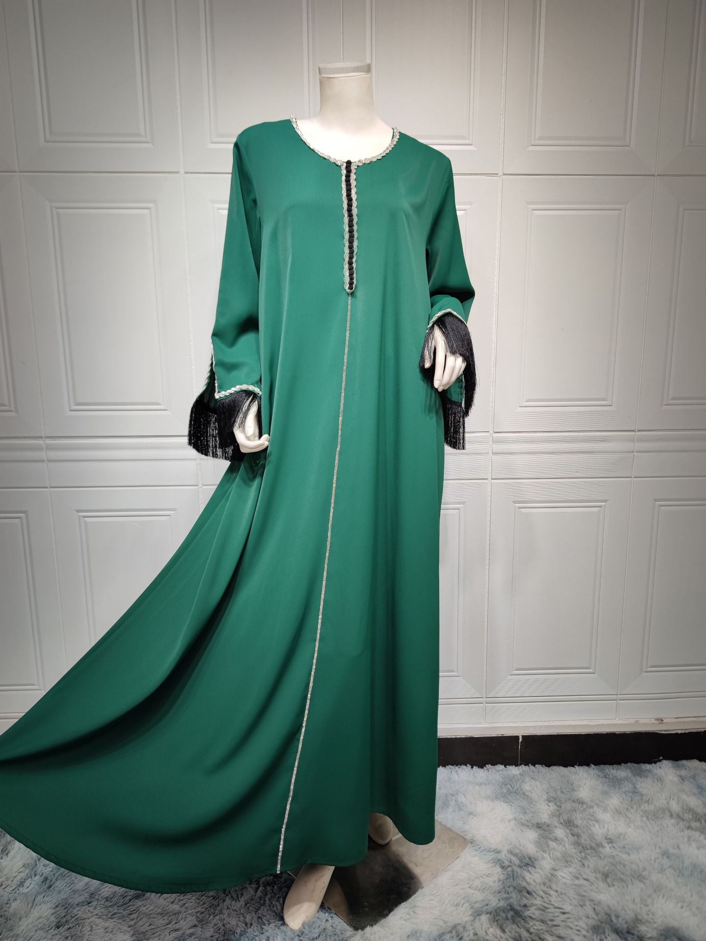 BamBam Muslim Beaded Dress Diamond Fashion Tassel Patchwork Robe Dubai Saudi Women Clothes - BamBam