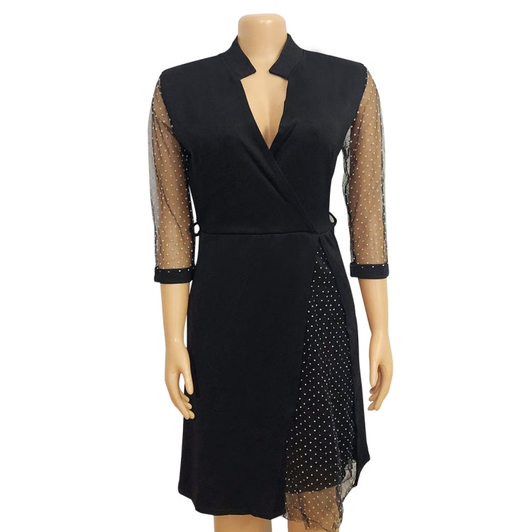 BamBam Autumn Plus Size Formal Mesh Patch Polka Dot Black Knee-Length Office Dress - BamBam