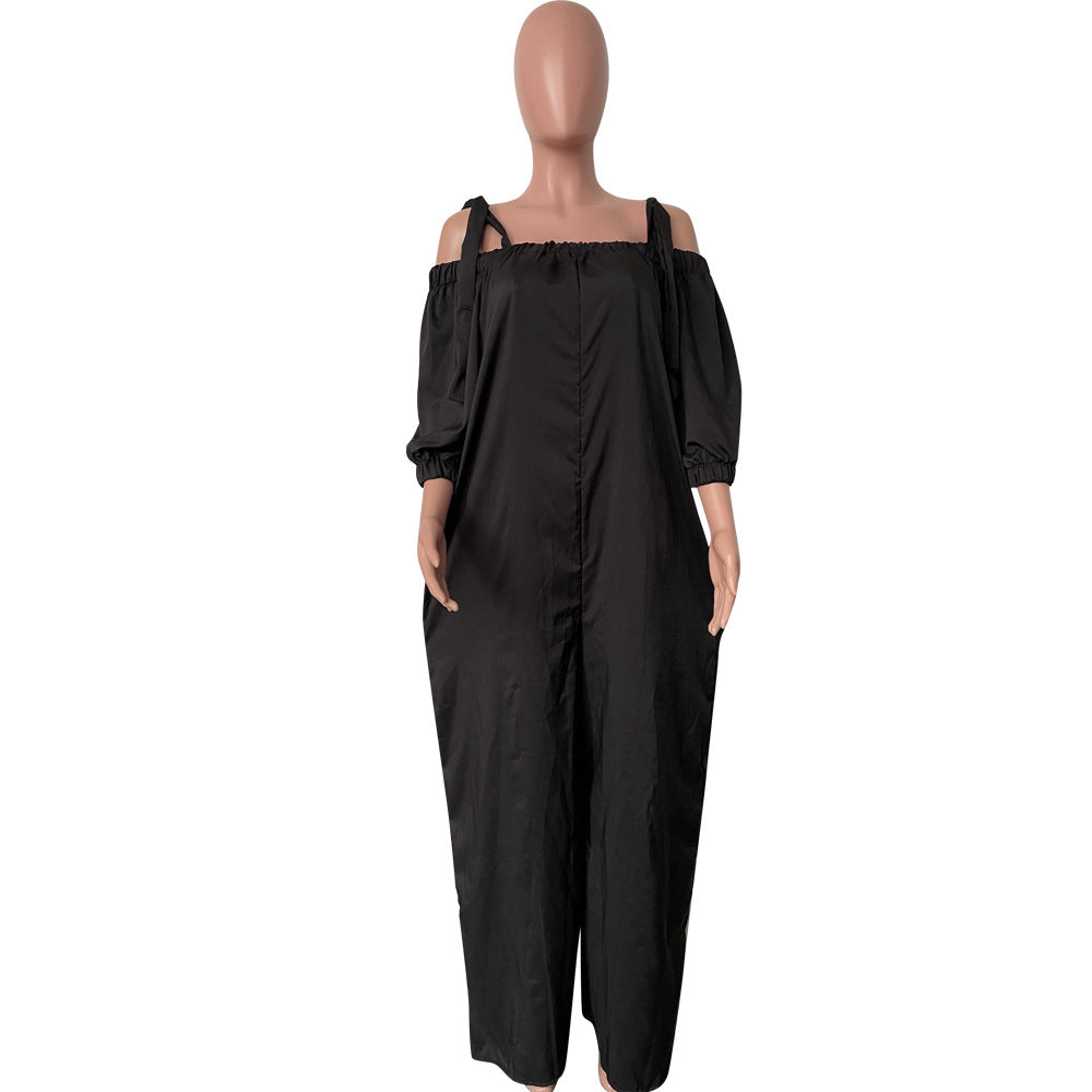 BamBam Women Casual Off Shoulder Lantern Sleeve Suspender Loose Wide Leg Jumpsuit - BamBam Clothing