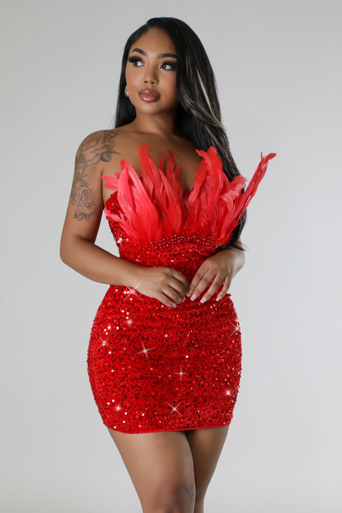 BamBam Women Feather Sequins Sexy cocktail party club Ladies Bodycon Dress - BamBam Clothing