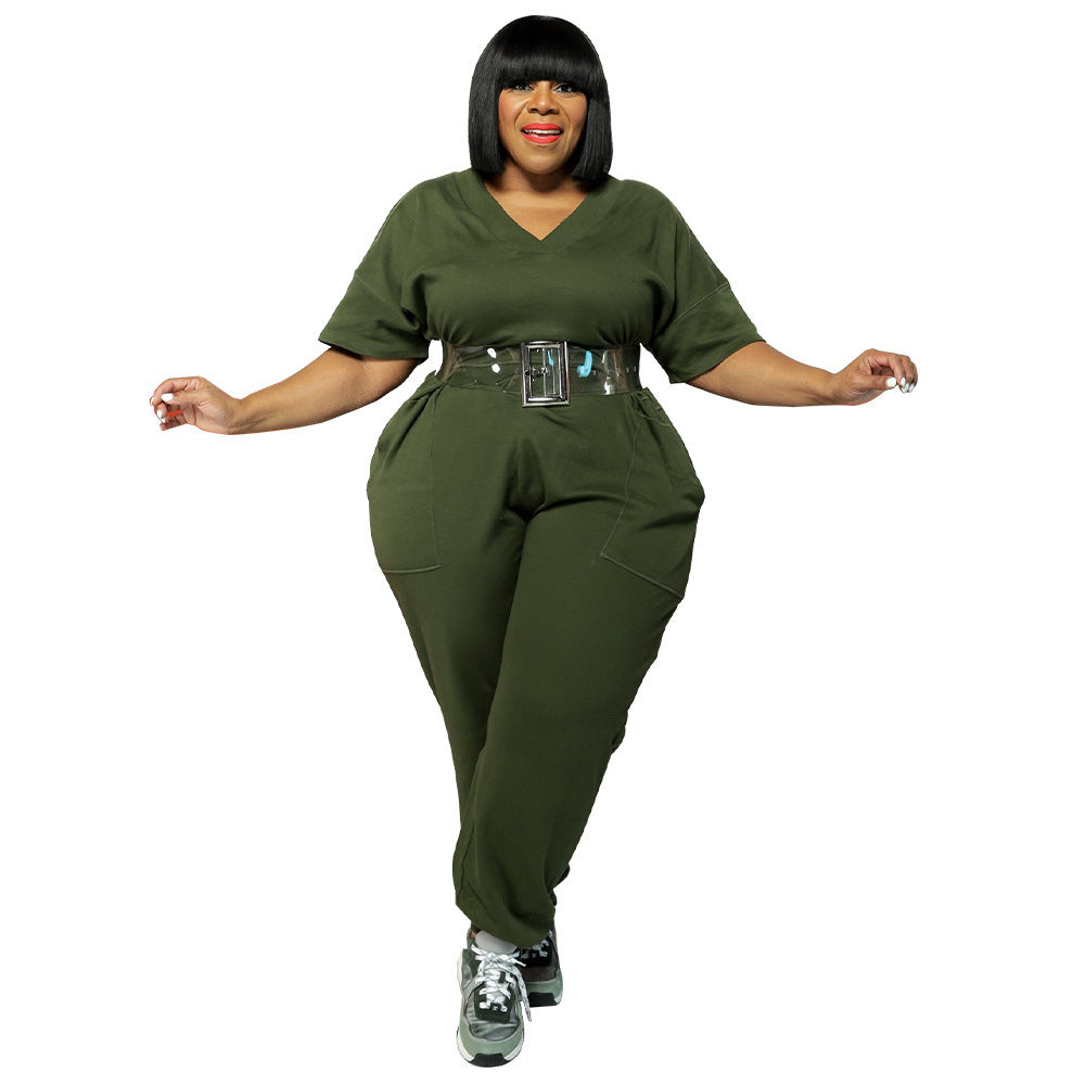 BamBam Spring Plus Size Women'S Solid Short Sleeve V-Neck Jumpsuit - BamBam Clothing