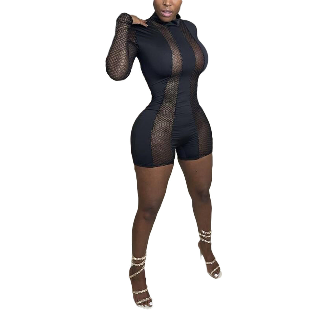 BamBam Women Sexy Mesh See-Through Long Sleeve Romper - BamBam