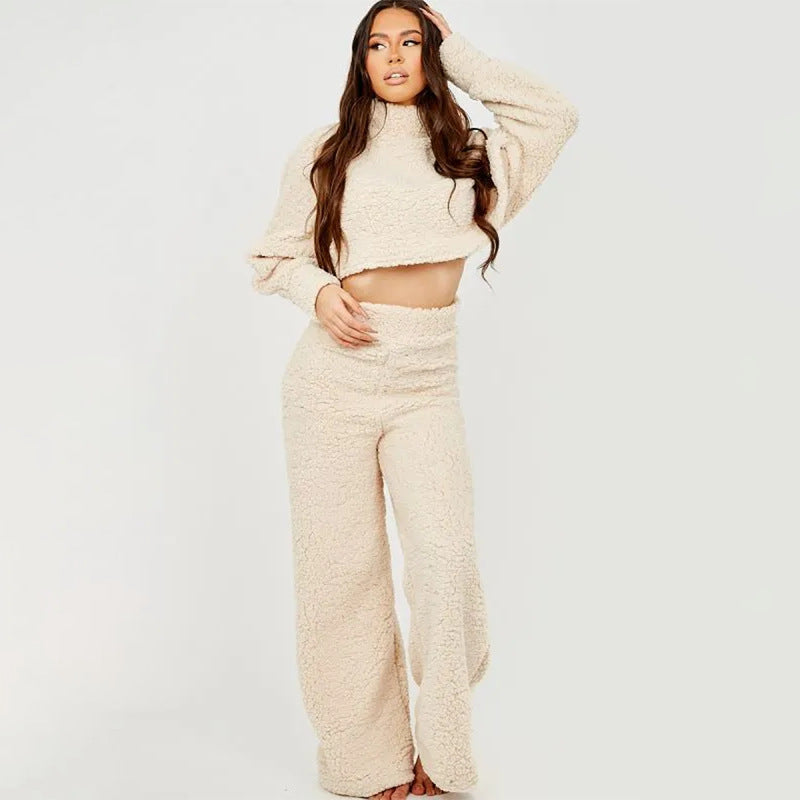 BamBam Women Casual Lounge Clothes Loose Sherpa Long Sleeve Top and Pant Two-piece Set - BamBam