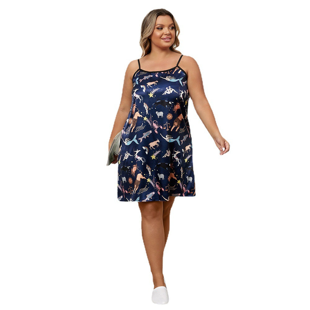 BamBam Plus Size Nightdress Women's Faux Silk Summer Camisole Print Pajamas Ladies Homewear - BamBam