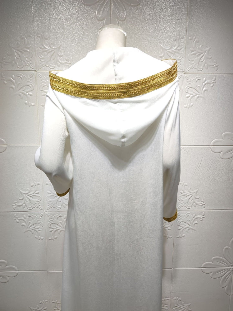 BamBam Arab Dubai Arab Middle East Turkey Morocco Islamic Clothing Hooded Kaftan Abaya Embroided Muslim Dress White - BamBam