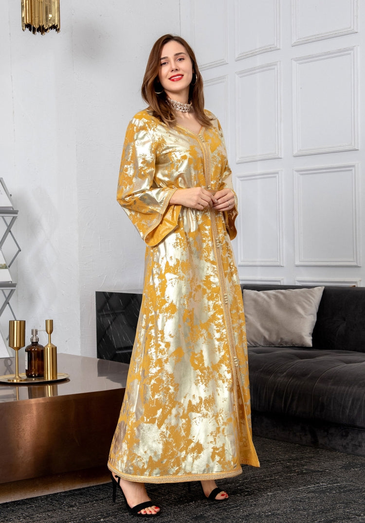 BamBam Spring Golden Printed Yellow V-neck Long Middle East Dubai Muslim Dresses - BamBam