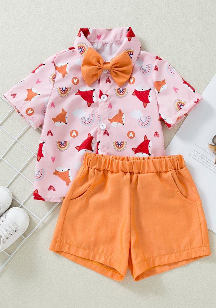 Cartoon Fox Heart Print Gentleman Shirt Shorts Boy 2-Piece Set