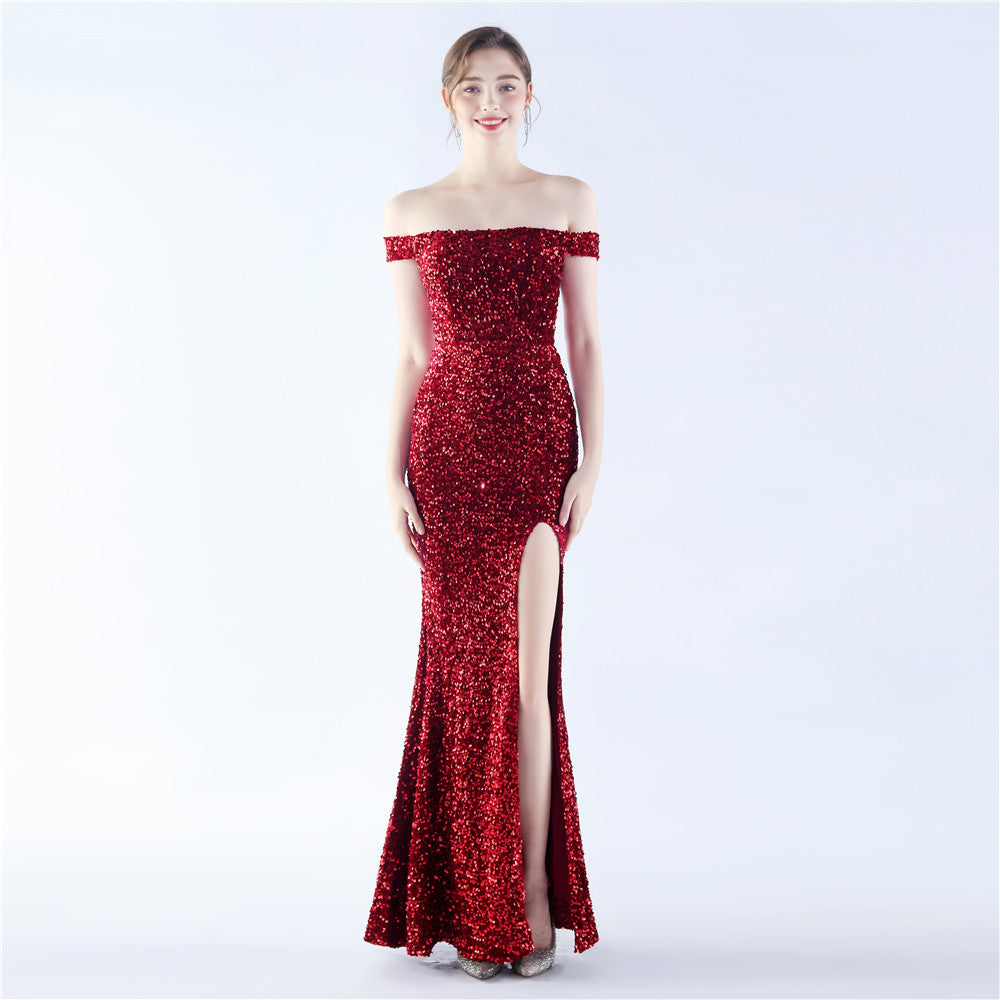 BamBam Women Sequins Formal Party Off Shoulder Evening Dress - BamBam Clothing