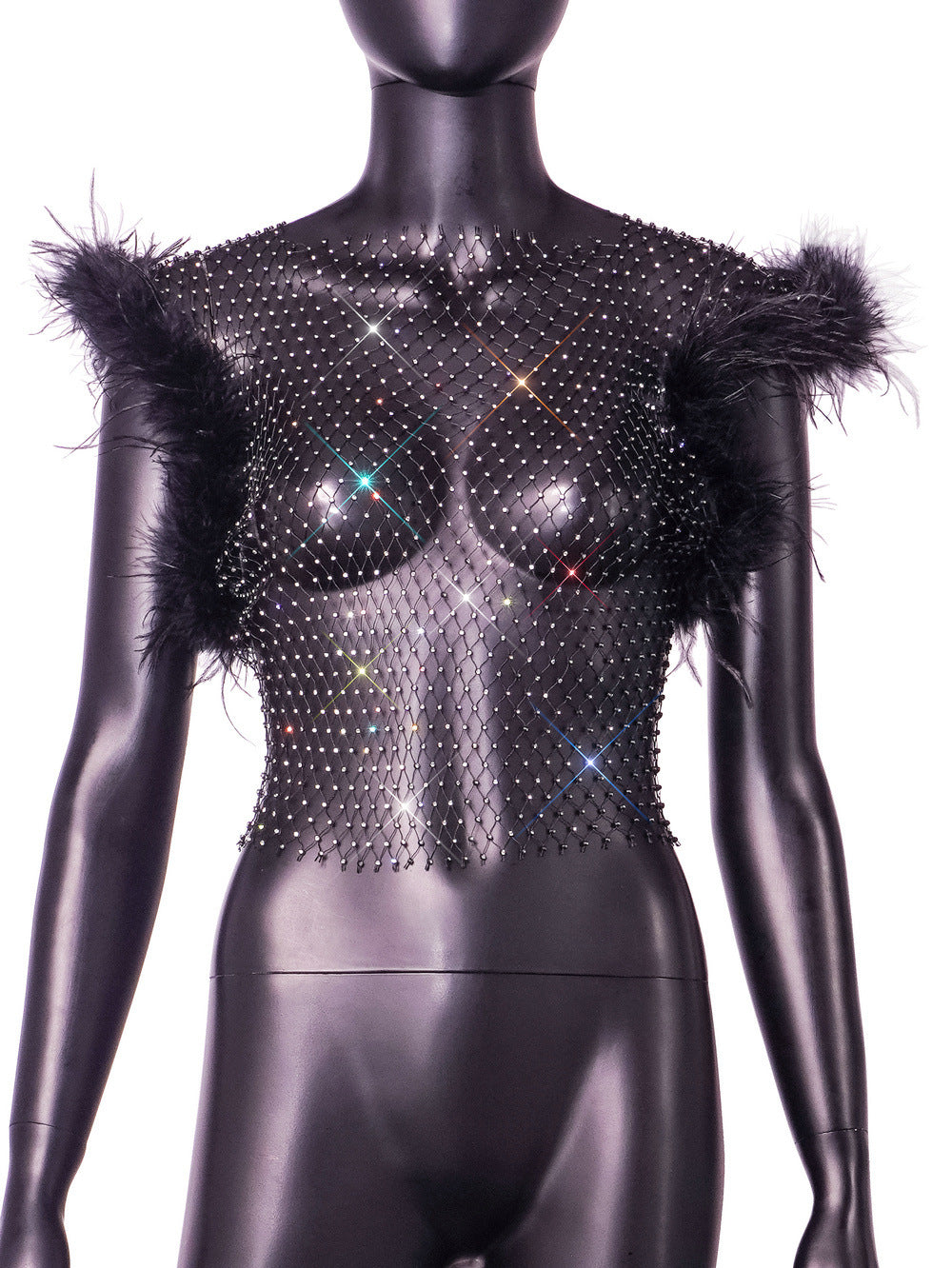 BamBam Slim Fit Diamond Flash Nightclub Style Sexy Rhinestone Fishnet Top - BamBam