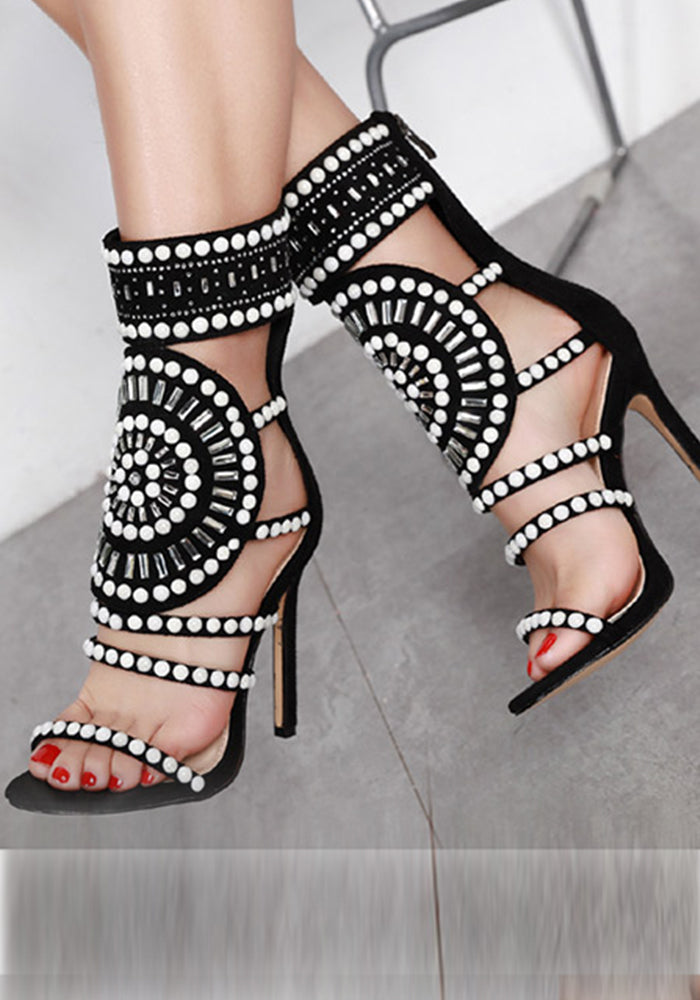 Women Hollow Rhinestone Heel Peep-Toe Sandals