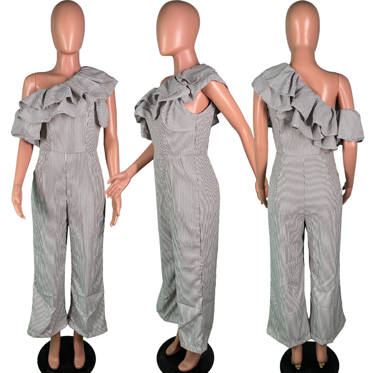 BamBam Womens Stripes Slash Shoulder Casual Jumpsuit - BamBam Clothing