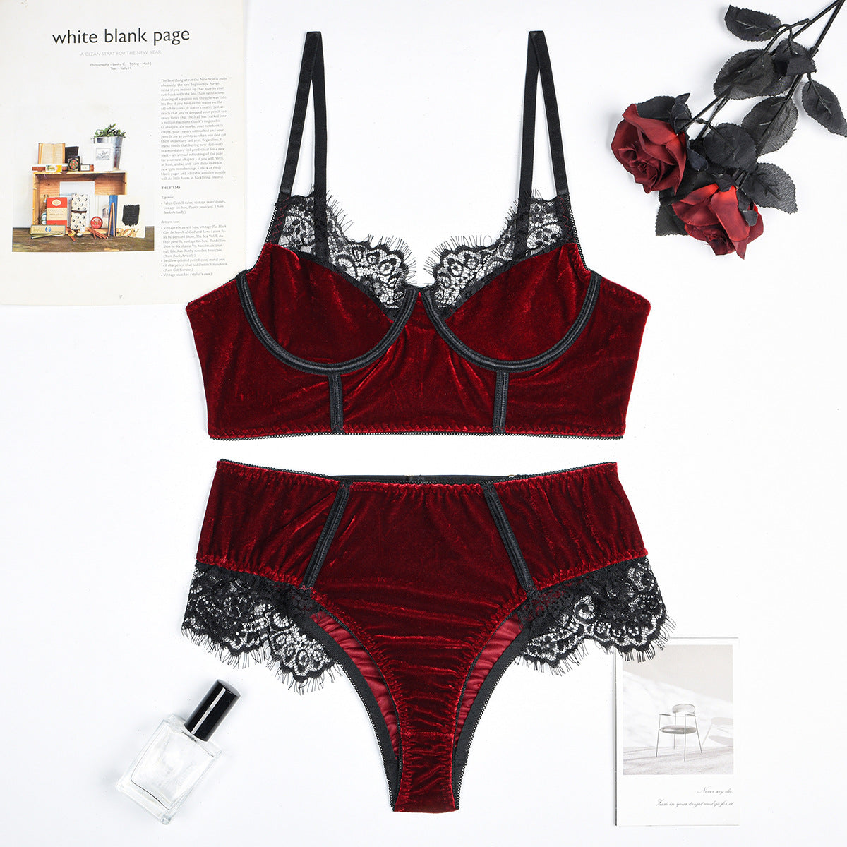 BamBam Autumn Burgunry Velvet Patchwork Lace Comfortable Sexy Lingerie Set - BamBam