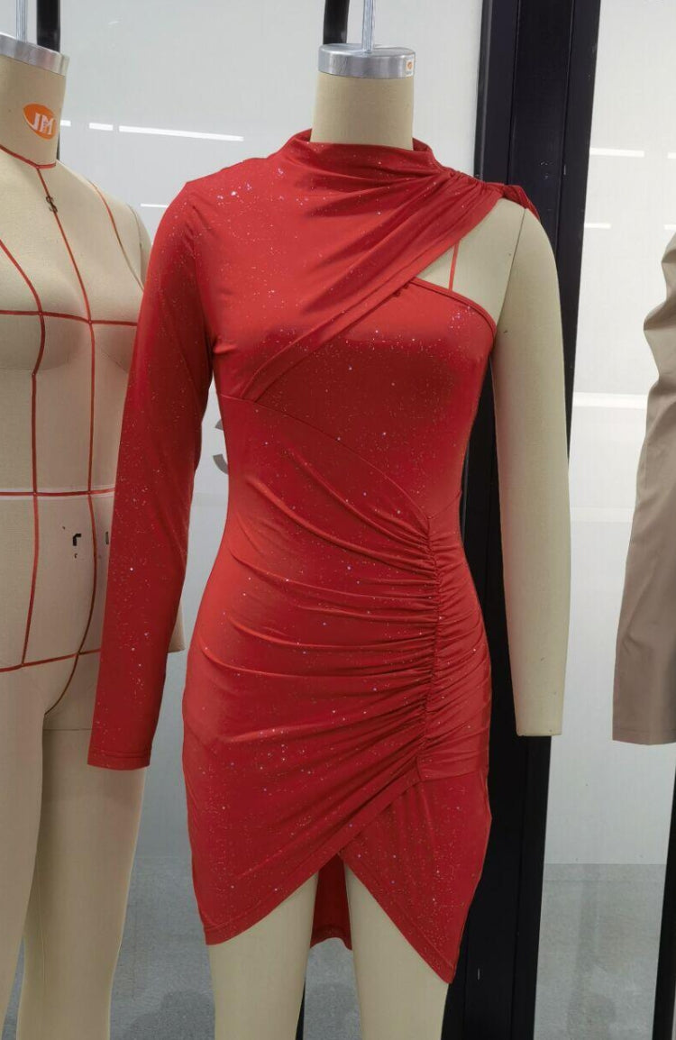 BamBam Spring Sexy Red Sequins Round Neck One Shoulder Bodycon Dress - BamBam Clothing