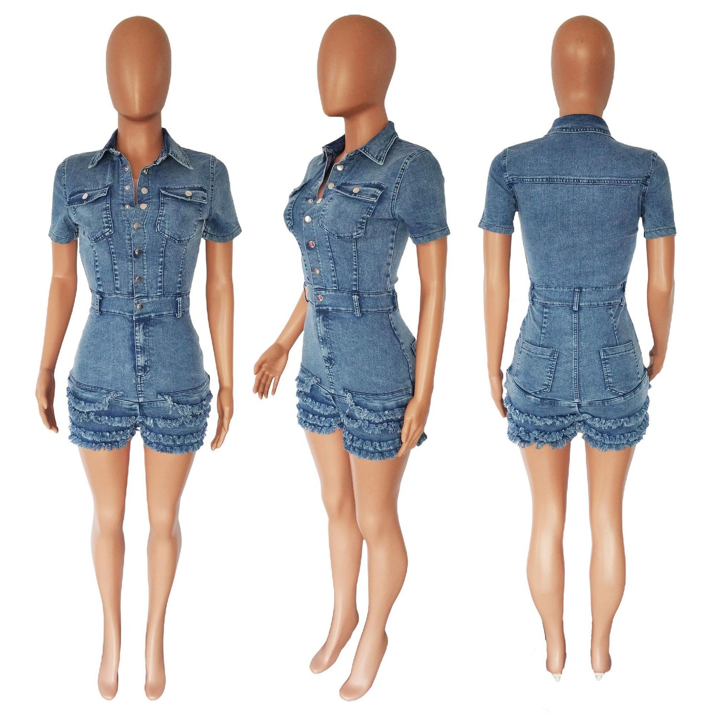 BamBam Women Short Sleeve Denim Romper - BamBam