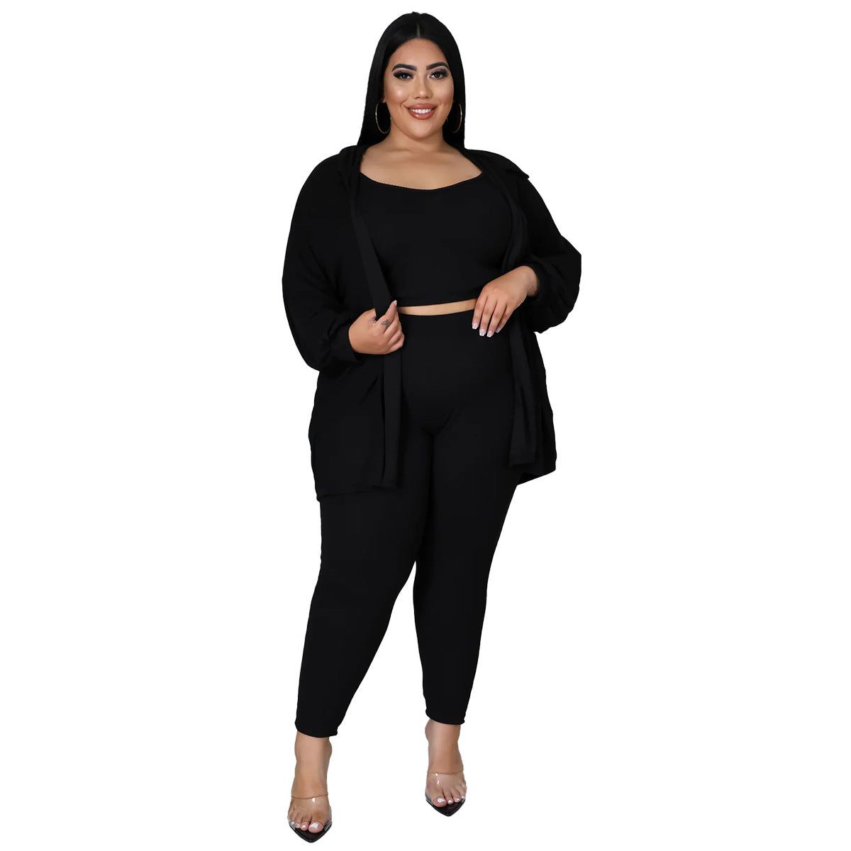 BamBam Plus Size Women Ribbed Solid Color Three-Piece Casual Sexy Pants Set - BamBam