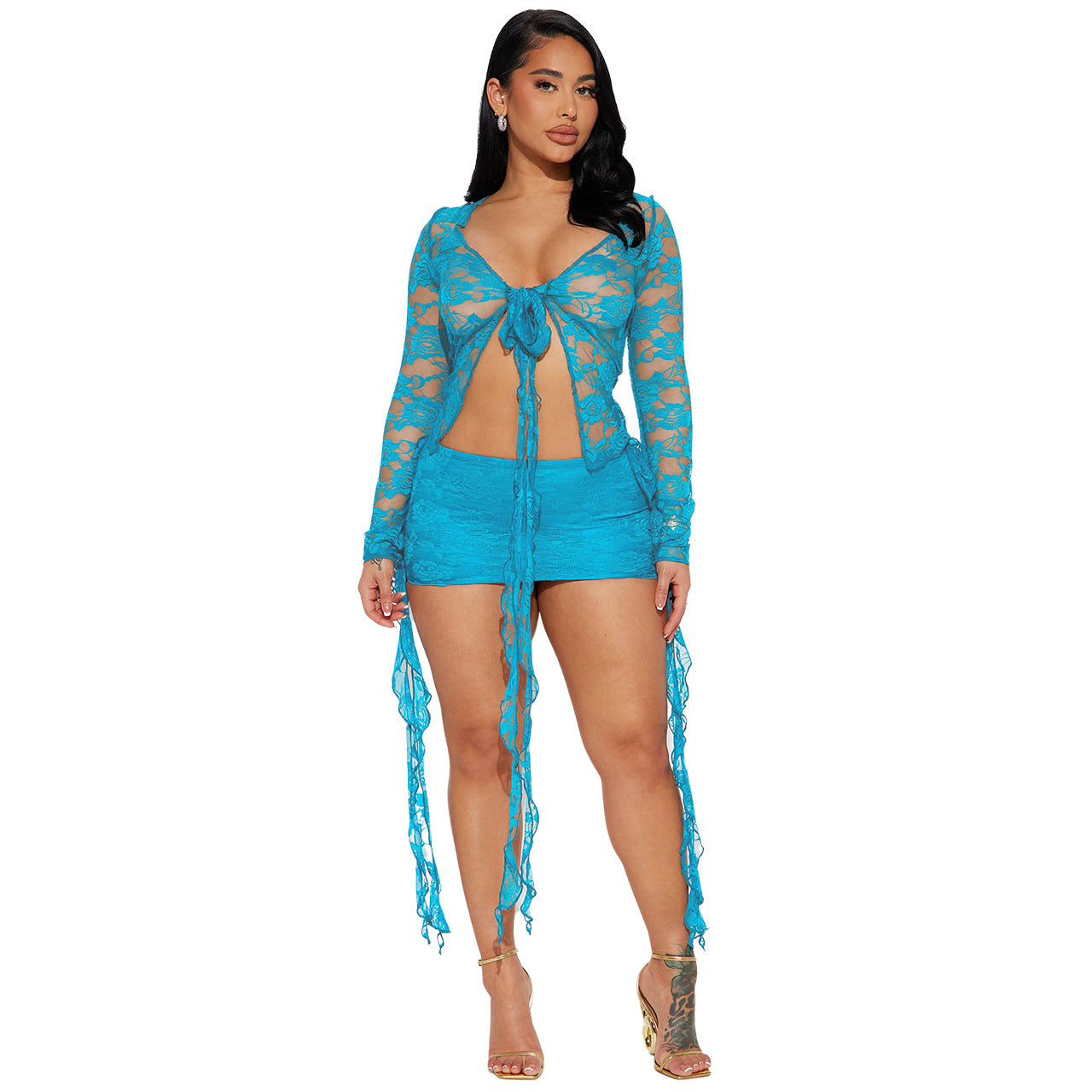 BamBam Women's Elastic Lacev Neck Tie See-Through Sexy Skirt Two-Piece Set - BamBam