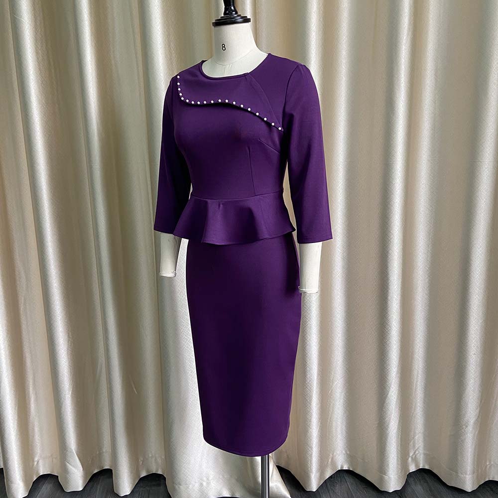 BamBam Women Spring Purple Formal O-Neck Three Quarter Sleeves Solid Cascading Ruffle Midi Pencil Office Dress - BamBam